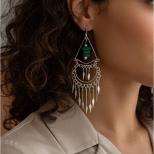 VINTAGE WIRED CHANDELIER EARRINGS WITH STACKED MALACHITE CENTER